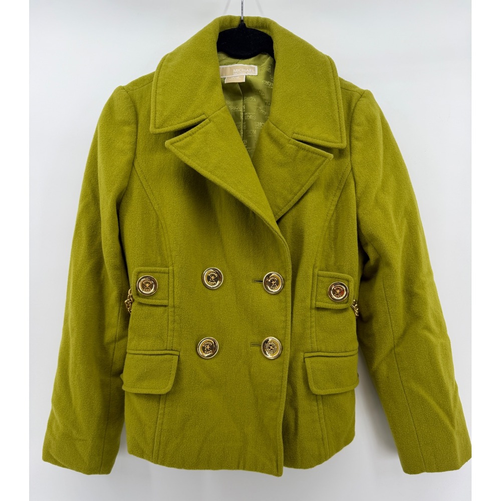 Michael Kors Womens Chartreuse Green Wool Pea Coat Gold Chain Detail P/S